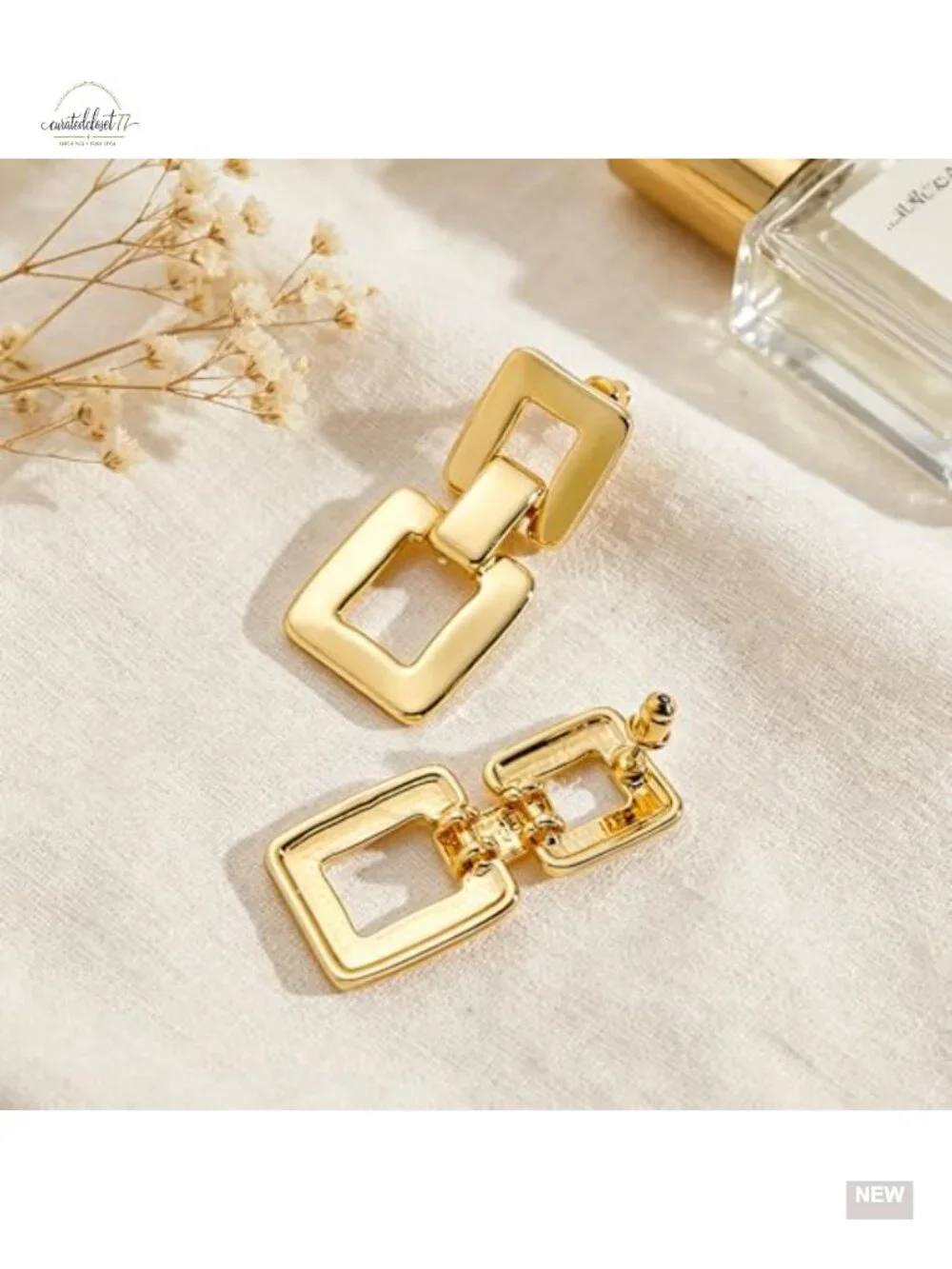 Brushed Gold Geometric Square Link Drop Dangle Earrings Hypoallergenic